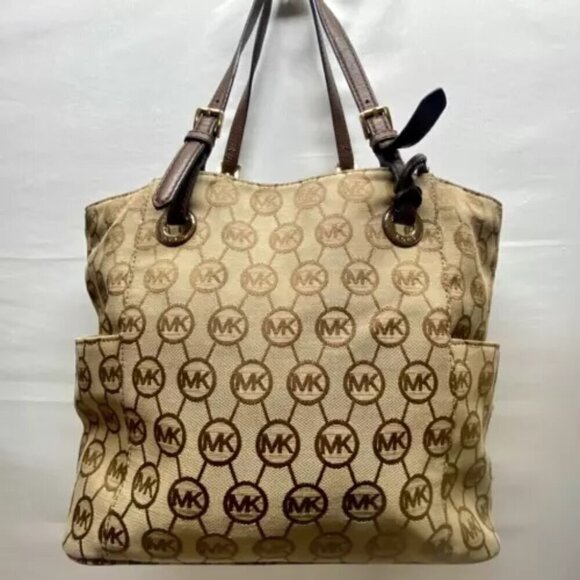 Michael Kors Jet Set Canvas Monogram Large Tote Khaki/Mocha Leather Strap GUC - Picture 2 of 13